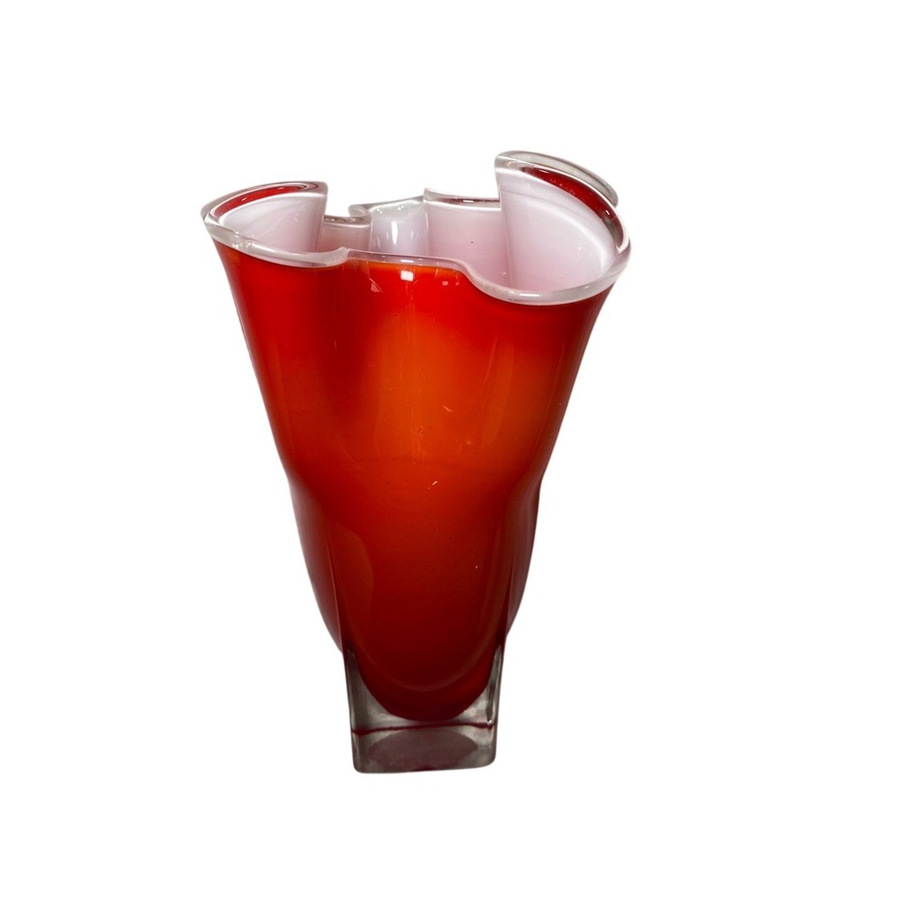 Vintage Japanese Hand Blown Art Glass Handkerchief Vase Red Orange‎ White 6.25"